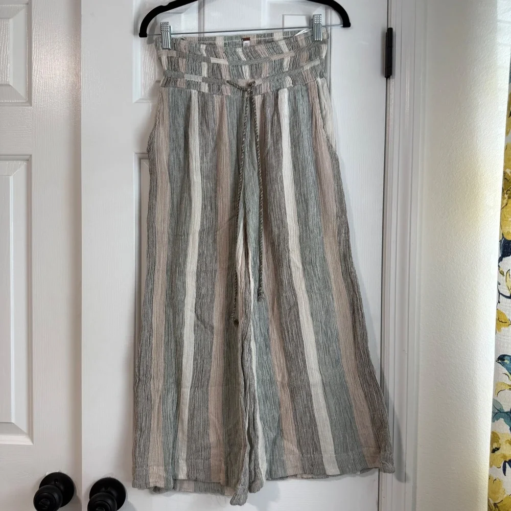 Free People Wide Leg Palazzo Pants Cotton Natural Fibers Striped Capris Beach S